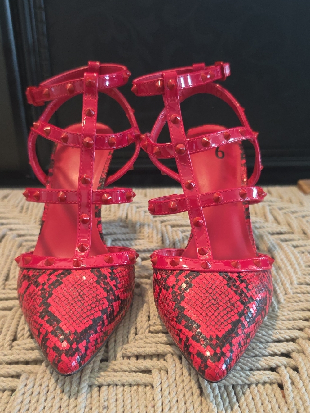 New Mix No. 6 Red Snakeskin Pointed-Toe Studded Strappy Heels